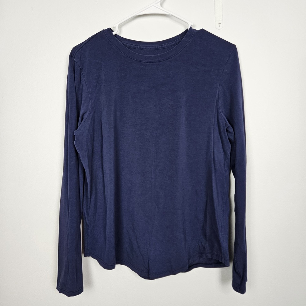 Lululemon Womens Sz M Long Sleeve Shirt Crew Neck Solid Blue Cotton Stretch